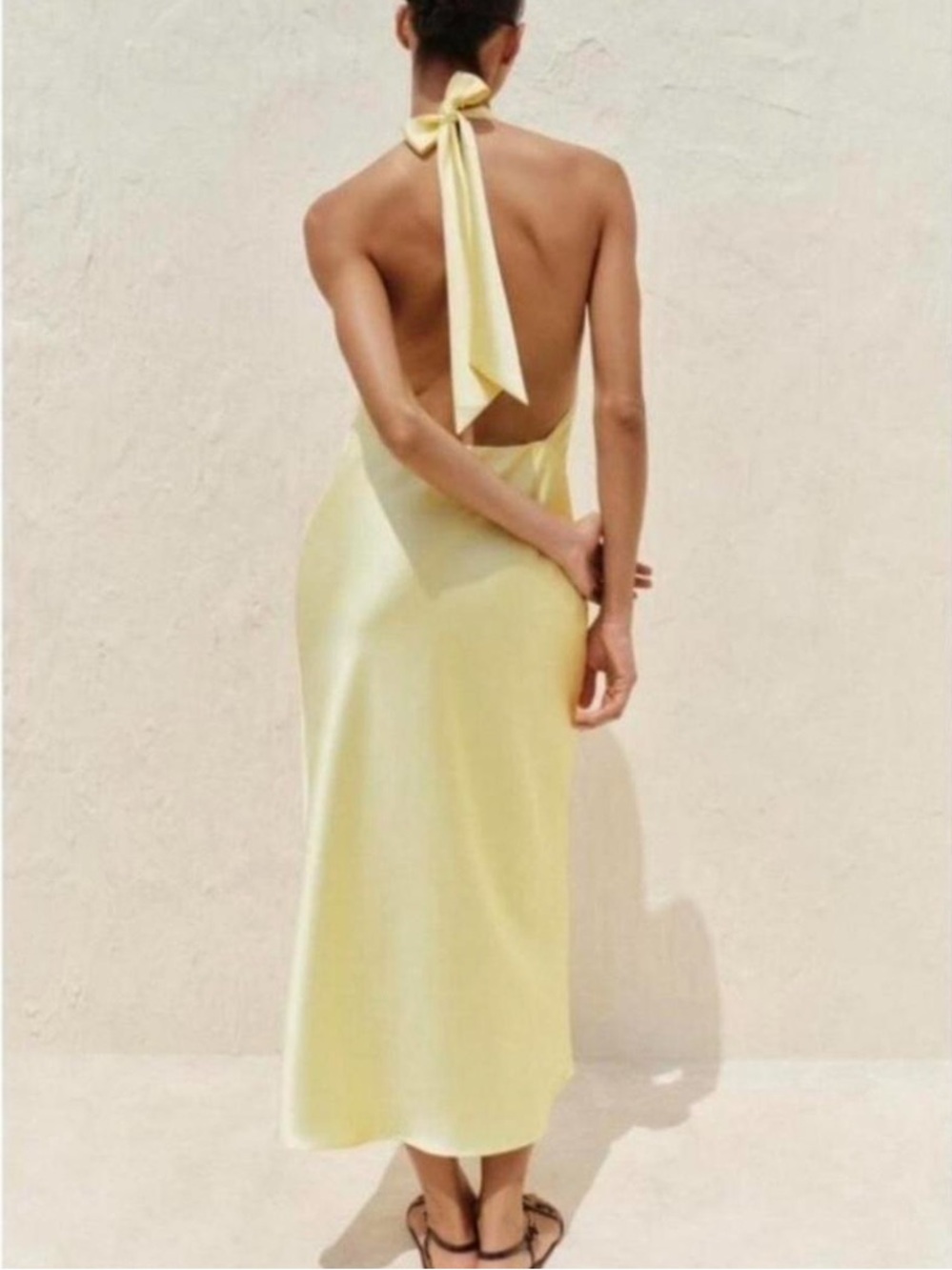 Zara Satin Backless Halter Dress in Pale Yellow